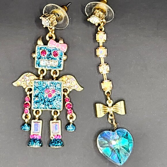 Betsey Johnson Mismatched Blue Glitter Robot Earrings Extremely Rare Collectors - Picture 9 of 11